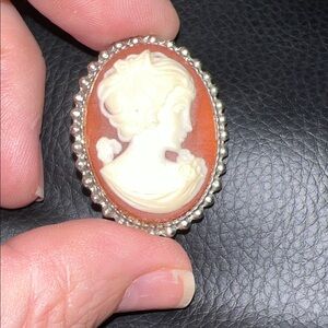 Vintage Elegant Cameo Brooch with Silver Trim